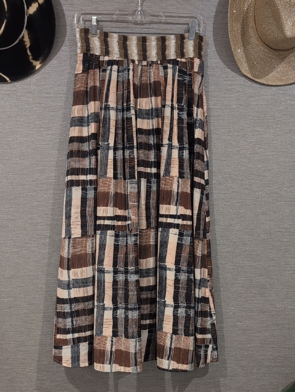 Pleated Midi Skirt in Brown & Black Plaid